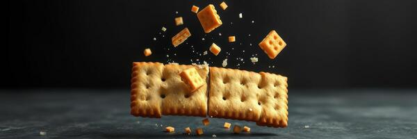 Cracker being broken apart in mid-air with crumbs flying around in a dark setting photo