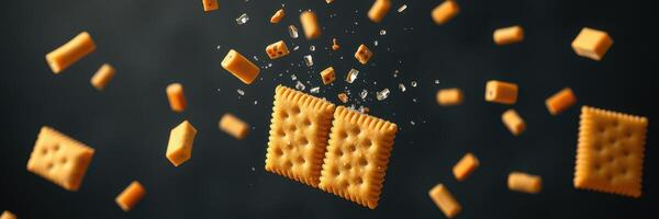 Crackers and sugar cubes falling through the air against a dark background creating a playful and dynamic visual photo