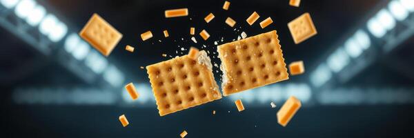 Cracking waffle cookies in mid-air during a dynamic culinary demonstration at a sports arena photo