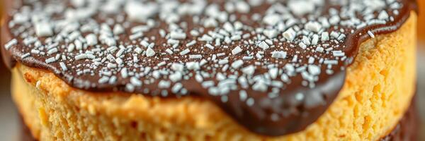 Delicious dessert featuring a chocolate topped cookie with sprinkles served on a wooden table photo