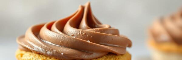 Decadent chocolate frosting swirled atop freshly baked vanilla cupcakes at a kitchen counter photo