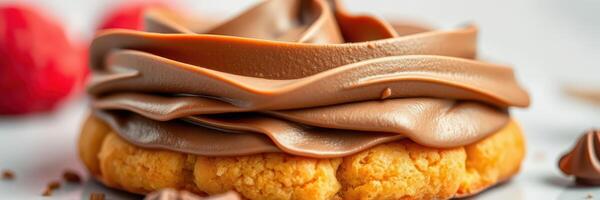 Delicious chocolate frosting on a freshly baked cookie topped with cocoa accents and fruit photo