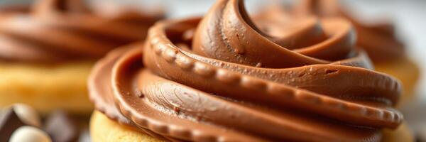 Chocolate frosting swirls on vanilla cupcakes garnished with chocolate chips in a bright kitchen setting photo