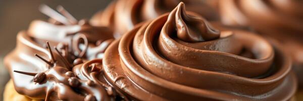 Rich chocolate frosting swirls adorn freshly baked cupcakes at a cozy bakery in the afternoon light photo
