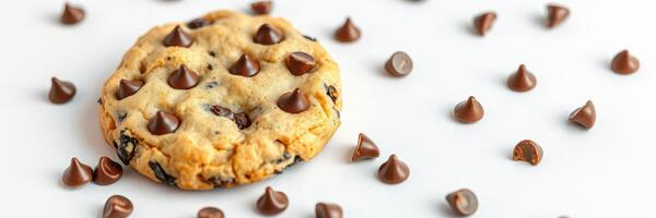 Delicious chocolate chip cookie surrounded by chocolate chips on a white surface photo