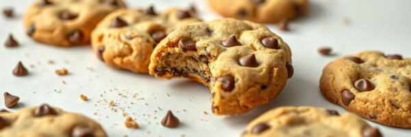 Freshly baked chocolate chip cookies arranged on a white surface with one cookie partially eaten photo