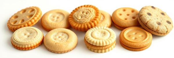 Assorted decorative cookies arranged on a white background ready for a tea party or celebration event photo