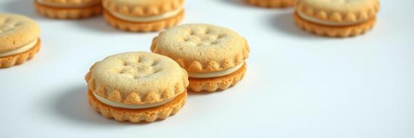Delicious cookies arranged on a white surface, showcasing their golden brown color and creamy filling photo