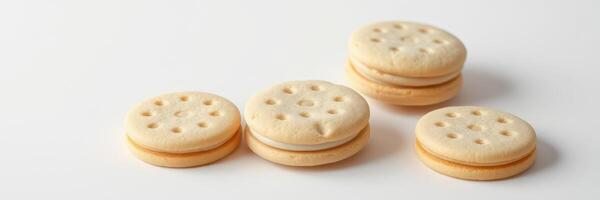 Stacked cream-filled cookies on a clean surface showcasing delicate designs and texture photo