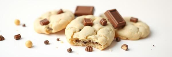 Delicious homemade cookies with chocolate pieces and bites on a neutral background photo