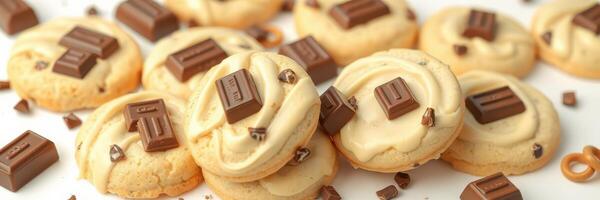Delicious cookies topped with creamy frosting and chocolate pieces on a white background photo