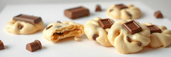 Delicious baked cookies with chocolate pieces arranged on a white surface photo