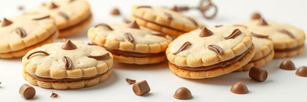 Delicious cookies with chocolate filling arranged creatively on a bright surface photo