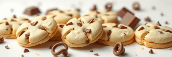 Delicious chocolate chip cookies baked on a white surface with extra chocolate chunks scattered around photo