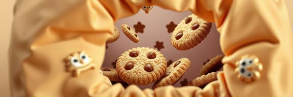 Cookies flying out of a bag showcasing a fun baking moment indoors photo