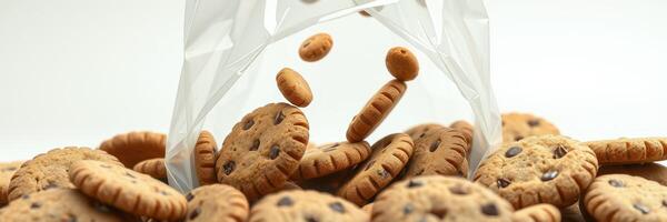 Chocolate chip cookies fall from a transparent bag onto a white surface, creating a delicious and inviting arrangement photo