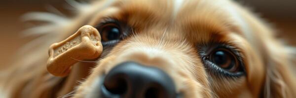 Playful dog eagerly awaits treat balance on nose in cozy indoor setting photo