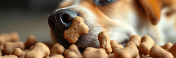 Dog enjoys snack time surrounded by treats in a cozy home setting during the afternoon photo