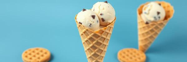 Delicious ice cream cones with chocolate chips and waffle cookies on a bright blue background photo