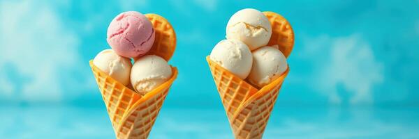 Colorful ice cream cones with scoops of strawberry and vanilla against a bright blue background on a sunny day photo