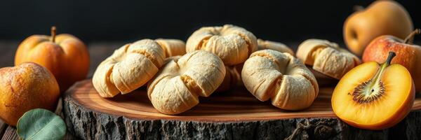 Freshly baked pastries and ripe fruits displayed on a rustic wooden board in a cozy kitchen setting photo