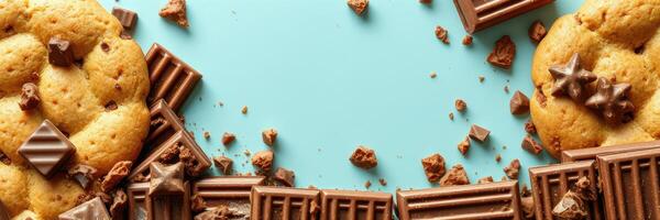 Delicious homemade cookies surrounded by chocolate pieces on a light blue background photo
