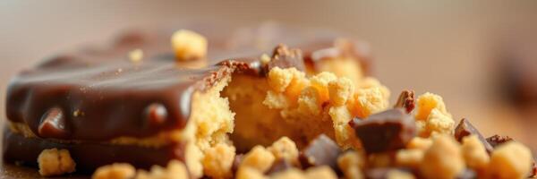 Delicious chocolate-covered snack with crunchy coating and a bite taken out photo