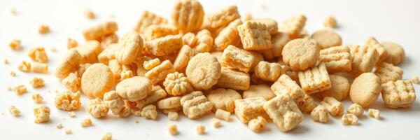 Delicious assortment of colorful cereal snacks scattered on a white surface in a bright and inviting setting perfect for breakfast photo