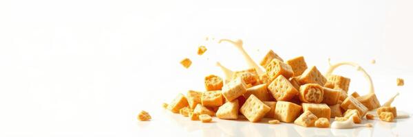 Crunchy cereal pieces scattered on a clean surface with splashes of milk creating a playful breakfast scene photo
