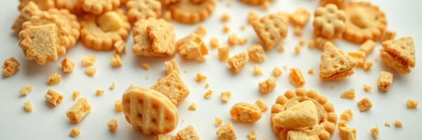 Crispy snack assortment scattered on a white surface with crumbs in a casual arrangement during daytime photo
