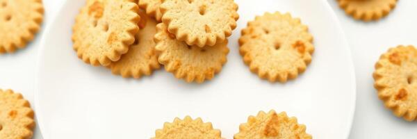 Delicious round cookies placed on a white plate, showcasing golden-brown texture and playful pattern photo