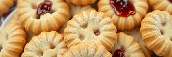 horneando tradicional lleno de mermelada galletas en un acogedor cocina ajuste durante el tarde foto