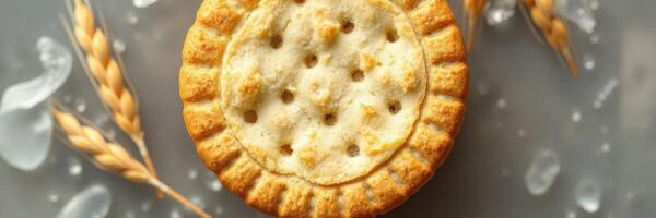 Freshly baked pie with golden crust and wheat stalks on a rustic surface photo