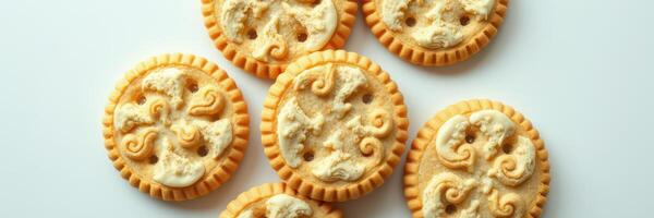 Different types of round baked snacks with intricate patterns displayed on a white surface photo