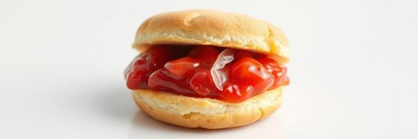 Creative sandwich featuring a soft biscuit filled with ketchup and pickles on a plain background photo
