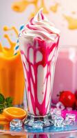 Delightful dessert drink topped with creamy swirl and vibrant syrup in colorful setting photo