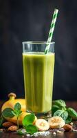 Refreshing green smoothie made with bananas, spinach, and almonds for a healthy start to the day photo