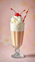 Creamy milkshake topped with whipped cream and cherries in a glass with a straw against a soft pink background photo