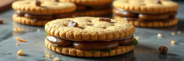 Delicious chocolate cream sandwich cookies arranged on a dark tabletop, perfect for dessert lovers and snack enthusiasts alike photo