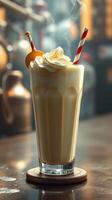 Creamy milkshake topped with whipped cream and a slice of citrus served in a classic diner setting photo