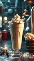Delicious creamy milkshake topped with whipped cream and a striped straw in a cozy cafe setting photo