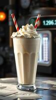 Creamy milkshake topped with whipped cream and striped straws in a vintage diner setting photo
