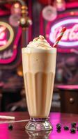 Delicious milkshake topped with whipped cream and caramel drizzle in a vintage diner photo