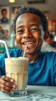 Young boy enjoying a delicious milkshake in a vibrant cafe, filled with laughter and joy during a sunny afternoon photo