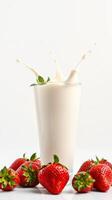 Delicious strawberry milkshake with splashes and fresh strawberries on a white background photo