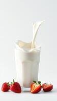 Creamy milk splashes into a tall glass surrounded by fresh strawberries on a white background photo