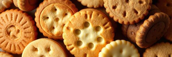 Assorted cookies arranged neatly on a surface, showcasing various shapes and textures for delightful snacking experiences photo