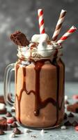 Delicious chocolate milkshake topped with whipped cream and chocolate cookies in a cozy cafe setting photo