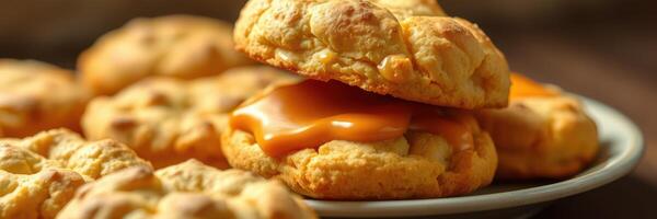 Soft and warm cookies with gooey caramel filling presented on a plate for dessert photo