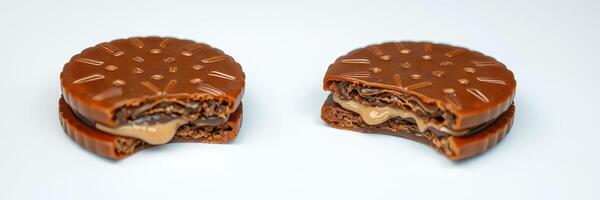 Delicious chocolate cookie sandwich with creamy filling displayed on a white surface photo